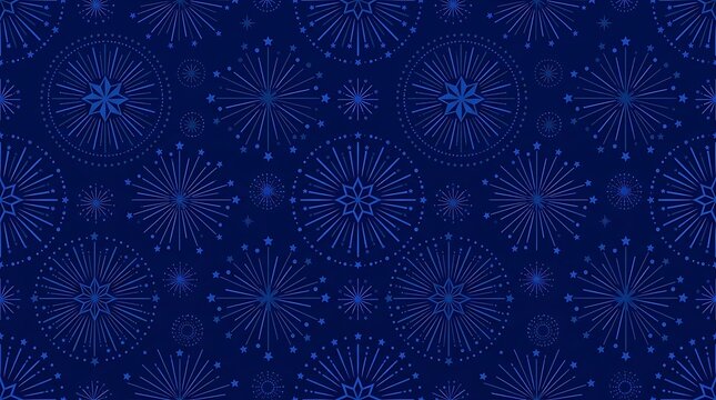 Blue seamless pattern featuring geometric fireworks and starbursts