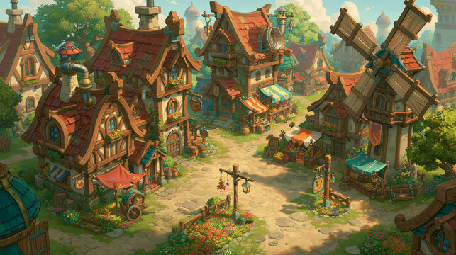 Charming village scene with quaint houses and colorful market stalls.