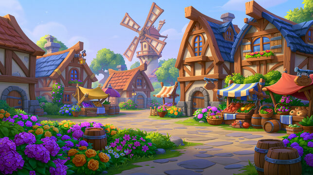 Charming village scene with colorful houses and a windmill on a sunny day.