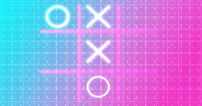 Glowing animated Tic Tac Toe Game Icon on a grid background in 4K.Neon Tic Tac Toe X-O game icon on a grid background for banners, business workflows, and digital backdrops. 
