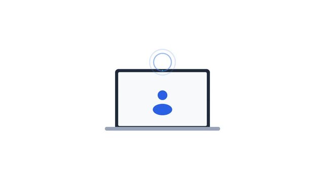 A clean and professional motion graphics animation featuring a laptop computer with a pulsating active webcam indicator light. This animation is perfect for representing video conferencing, remote wor