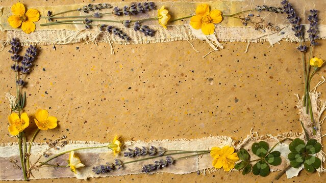 Rustic spring floral border frame with dried yellow buttercup flowers, purple lavender sprigs, burlap fabric, and torn paper strips on a textured beige background, perfect for natural design projects.