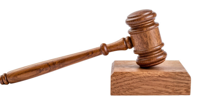 Polished wooden gavel resting on a matching wooden block, isolated on transparent background