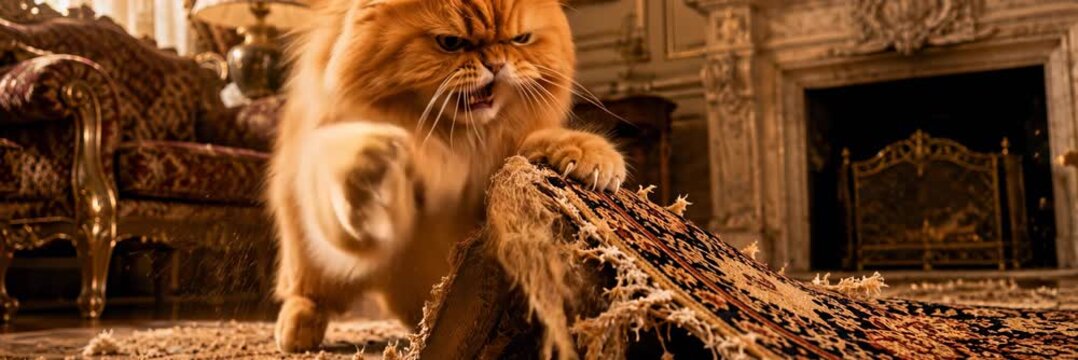 Fluffy cat tearing carpet at home, pet mischief, website banner