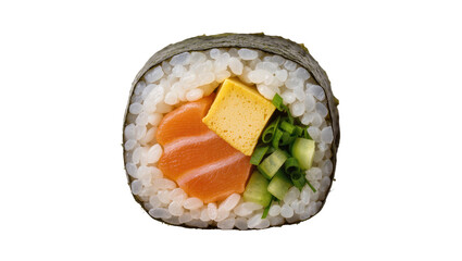 Salmon and egg sushi roll with cucumber and green onion, isolated on transparent background © Luca