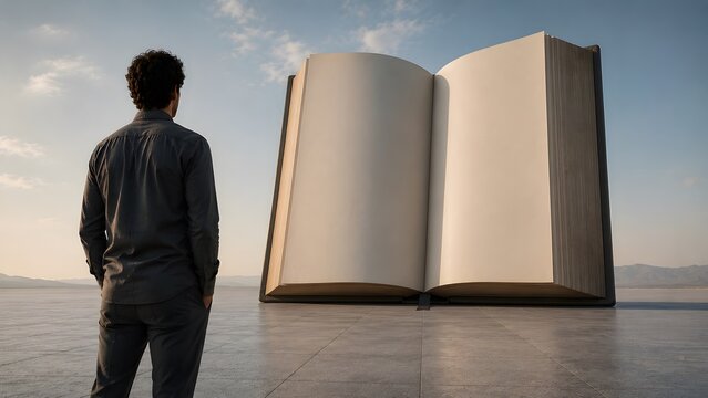 A man stands before a giant open book, symbolizing knowledge, education, imagination, storytelling, wisdom, lifelong learning, creativity, and endless possibilities.