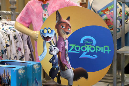 Promotional display and themed merchandise for the movie Zootopia 2 inside a store