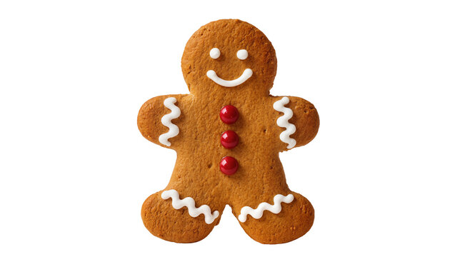 Gingerbread man cookie with white icing and red candy buttons, isolated on transparent background
