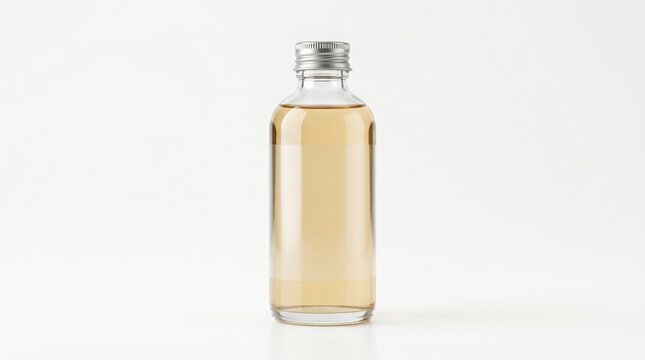 Clear glass bottle with golden liquid and silver cap isolated on white background