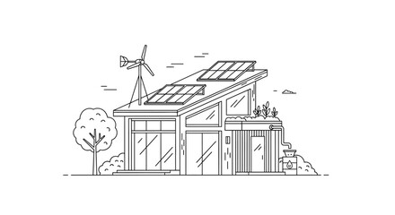 Line art illustration of a sustainable modern eco house with solar panels and wind turbine © JK