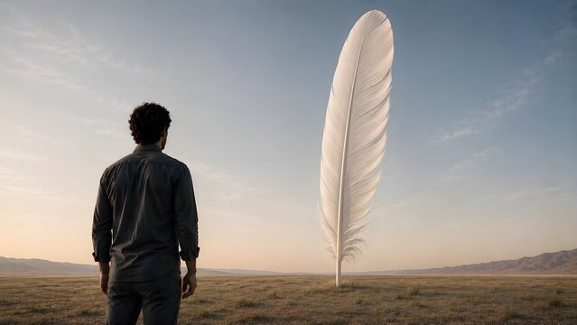 A man stands before a giant white feather, symbolizing freedom, peace, purity, spirituality, hope, softness, inspiration, imagination, and graceful natural beauty.