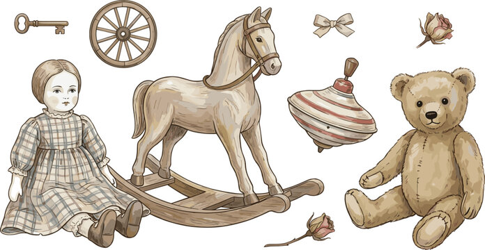 Vintage antique toys vector illustration set with rocking horse porcelain doll teddy bear and spinning top.Vintage antique toys vector illustration 