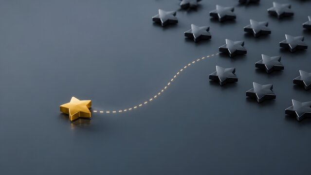 Golden star breaking away from black stars with glowing path indicating unique leadership excellence and premium success