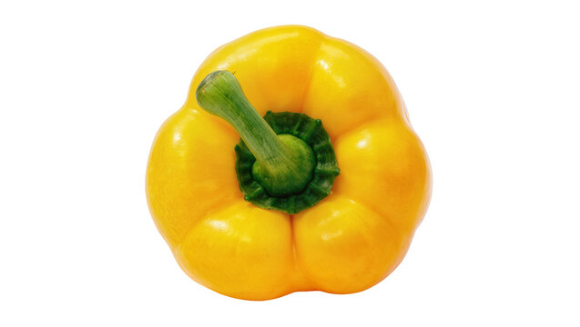 Bright yellow bell pepper with green stem, isolated on transparent background