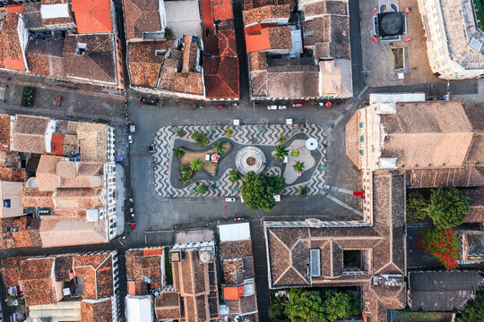 Overhead aerial view of colonial square in the old town and rooftops, Pelourinho, Salvador, Bahia, Brazil