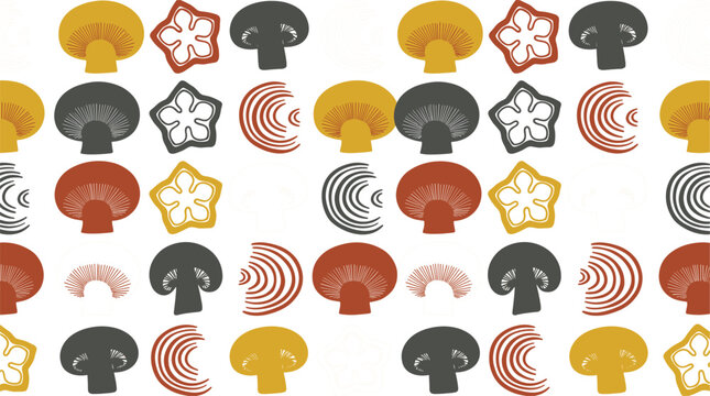 Seamless vector pattern featuring abstract organic shapes mushrooms sliced onions and vegetable silhouettes.Seamless vector pattern featuring 