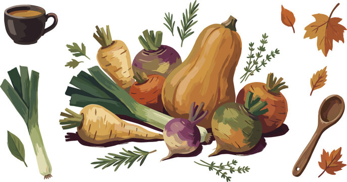Autumn harvest root vegetables vector set featuring butternut squash parsnips leeks beets and herbs.Autumn harvest root vegetables vector 