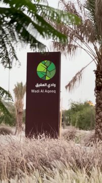 Scenic pan from Wadi Al Aqeeq sign to a rocky terraced park, bridge, and mountains.