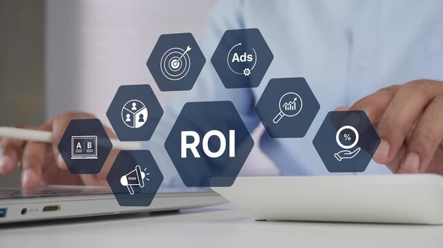 Business professional using calculator and laptop, ROI analytics dashboard overlay animation on laptop interface, Digital marketing performance metrics optimization targeting growth, advertising