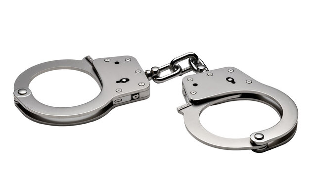 Polished metal handcuffs with chain link, isolated on transparent background