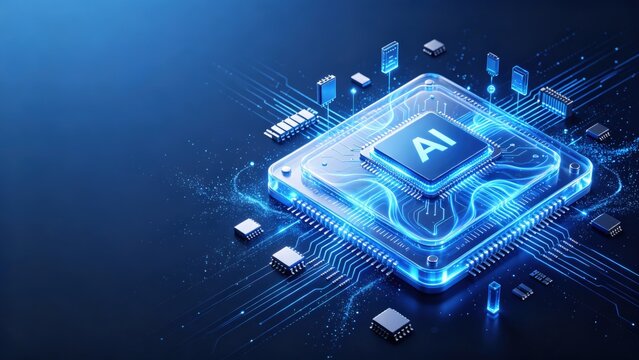 Futuristic AI processor chip with glowing blue circuit connections and advanced semiconductor architecture idea for artificial intelligence computing, cloud infrastructure background