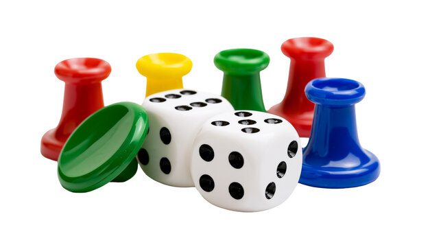 Two white dice with black dots and colorful game pieces