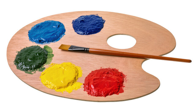 Wooden artist palette with blobs of blue green yellow, and red paint and a paintbrush