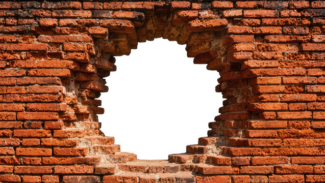 Rough textured red brick wall with a large circular hole, isolated on transparent background