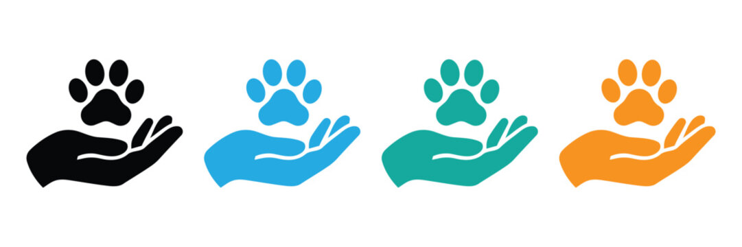Colorful animal paw in hand icons on white background for animal care and pet adoption concepts