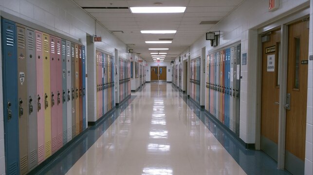Empty hallway lined with colorful lockers