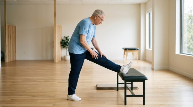 Elderly man stretching his leg on a bench in a bright, modern fitness studio