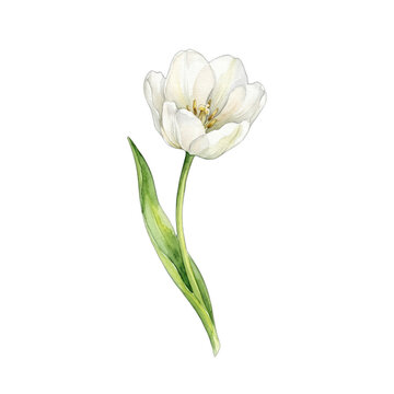 Watercolor white tulip flower isolated on black background