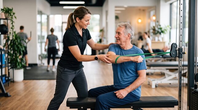 Therapist assists senior man with exercise band