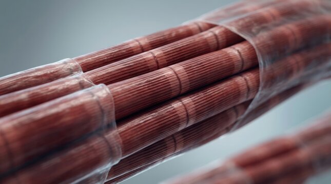 Close-up microscopic view of striated muscle fibers bundled together