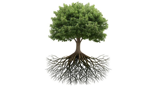 Deciduous tree with exposed root system and green foliage