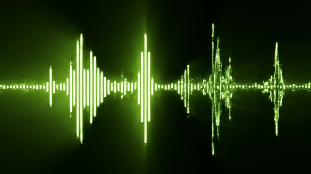 A bright green sound wave visualization pulsates against a dark background.