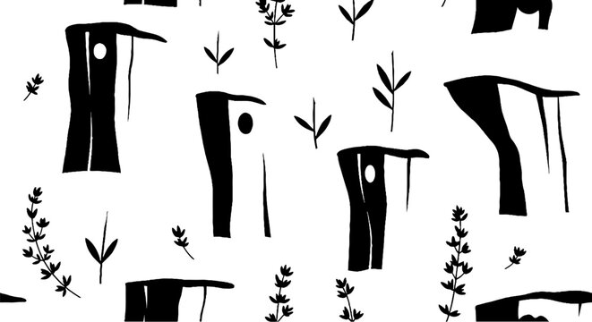 Black and white abstract tree and plant pattern design.