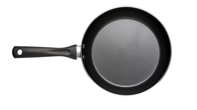 Black frying pan with handle, top view
