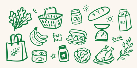 Hand Drawn Grocery Shopping Doodle Icons Set with Fresh Organic Food, Shopping Basket, Vegetables, Fruits, Dairy Products, Bakery, Market Essentials and Local Farm Produce Vector Illustration © Daishin