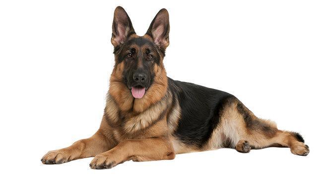 German Shepherd dog lying down with tongue out