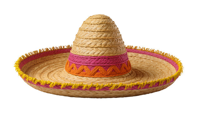 Woven straw sombrero hat with colorful band and fringe