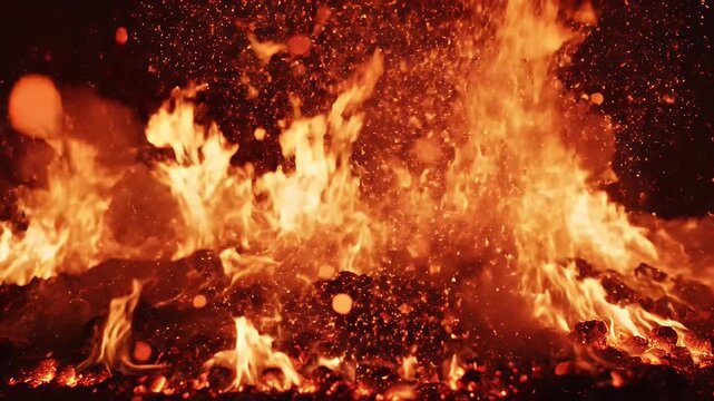 Intense fire explosion with glowing embers and sparks flying.