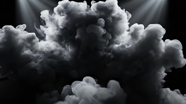 A dark, moody render of a turbulent cloud formation illuminated by spotlight beams.