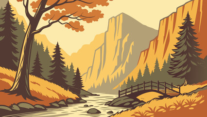 Autumn Mountain Valley Vector Illustration  © Chamok Chandra