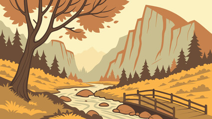 Autumn Mountain Valley Vector Illustration  © Chamok Chandra