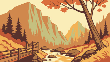 Autumn Mountain Valley Vector Illustration  © Chamok Chandra