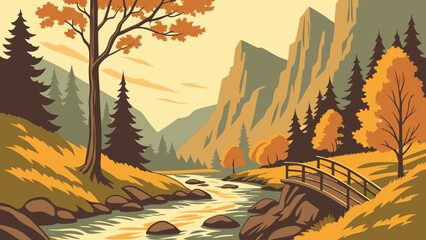 Autumn Mountain Valley Vector Illustration  © Chamok Chandra
