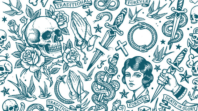 Tattoo flash seamless pattern with vintage skulls and daggers