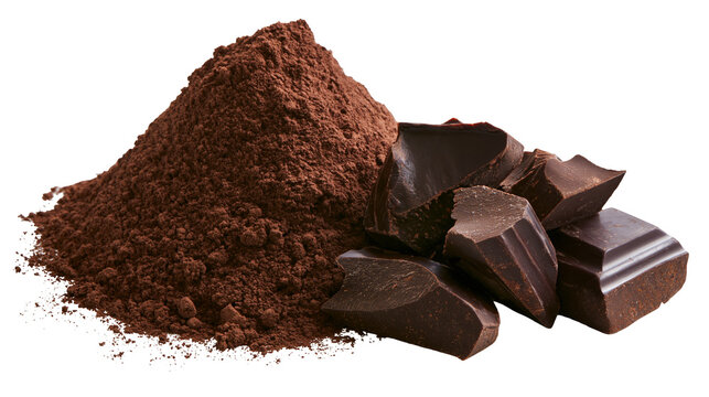 Dark chocolate chunks and cocoa powder pile