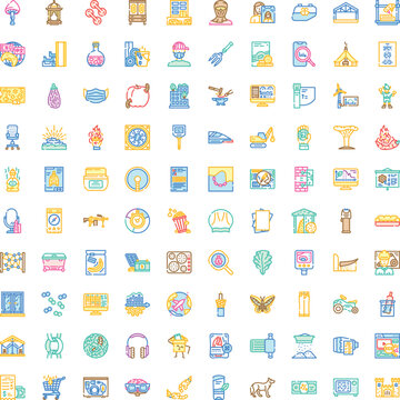 Diverse set of colorful outline icons covering business, technology, finance, lifestyle, health, home, environment, education, travel, food, industry and webapp ui design concepts